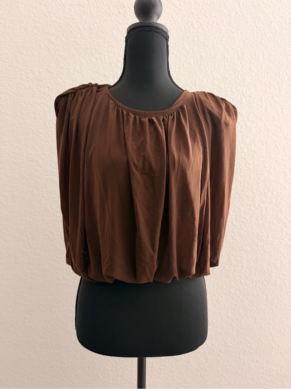 NWOT Brown Bubble Hem Draped Crop Top | Padded Shoulder